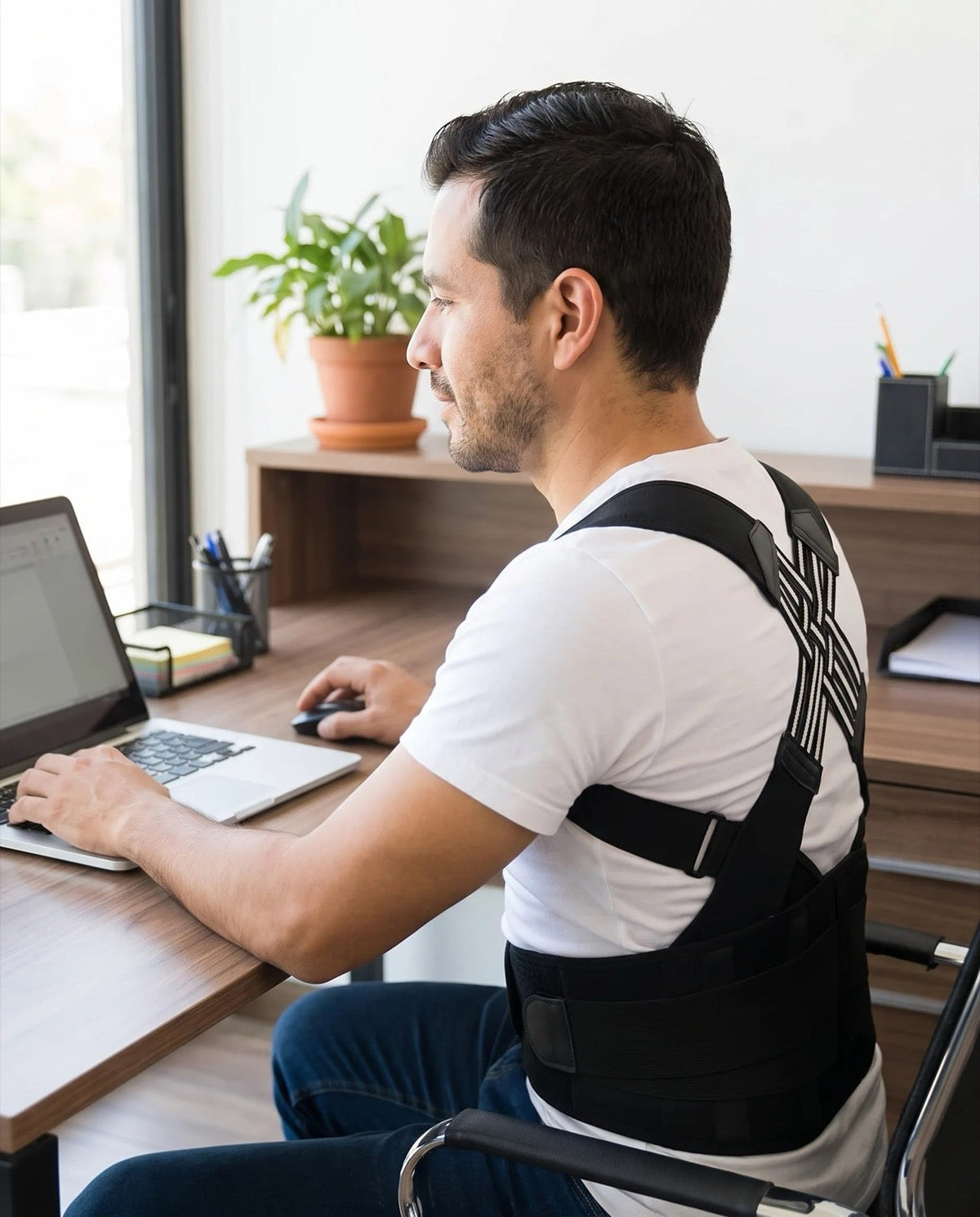 Hombre trabajando en la laptop con el corrector puesto